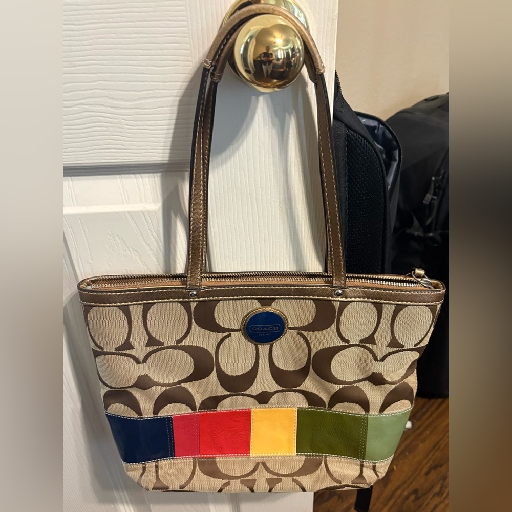 Coach Beige & Brown Logo Tote with Multicolor Stripe Panel